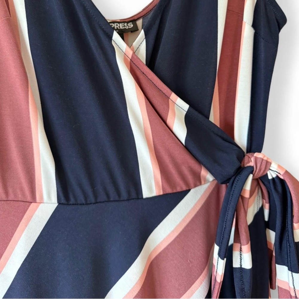 Express Striped Faux Wrap Asymmetrical Dress Navy Pink White Size Small Petite - Picture 6 of 11